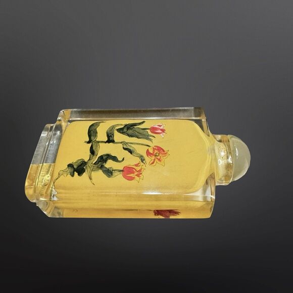 Antique Chinese Reverse Hand Painted TULIP FLORAL Snuff Imperial Yellow Bottle - Picture 5 of 9